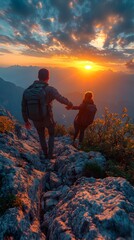 Obraz premium Teamwork and Achievement Man Assisting Friend Reach Mountain Peak at Sunset