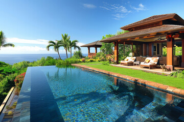 Obraz premium Luxury Hawaii Vacation Home with Infinity Pool and Tropical Landscaping, Featuring Outdoor Seating and Gazebo, Surrounded by Lush Green Grass and Palm Trees, Clear Blue Sky in the Background