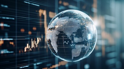 A globe with financial graphs wrapped around it, overlaid with the shadow of political turmoil, illustrates the global impact of political instability on investment returns. The image is designed