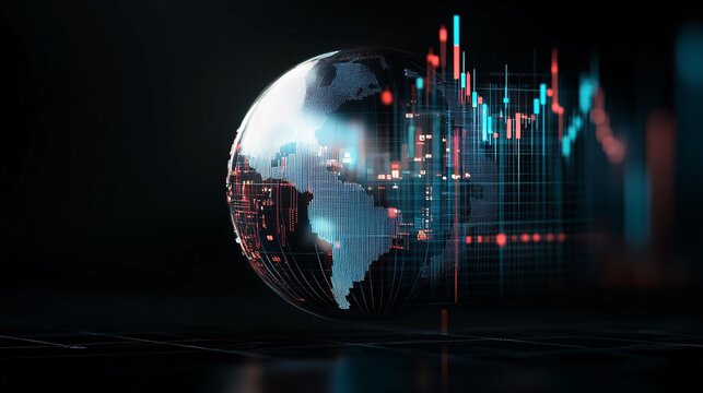 A globe with financial graphs wrapped around it, overlaid with the shadow of political turmoil, illustrates the global impact of political instability on investment returns. The image is designed