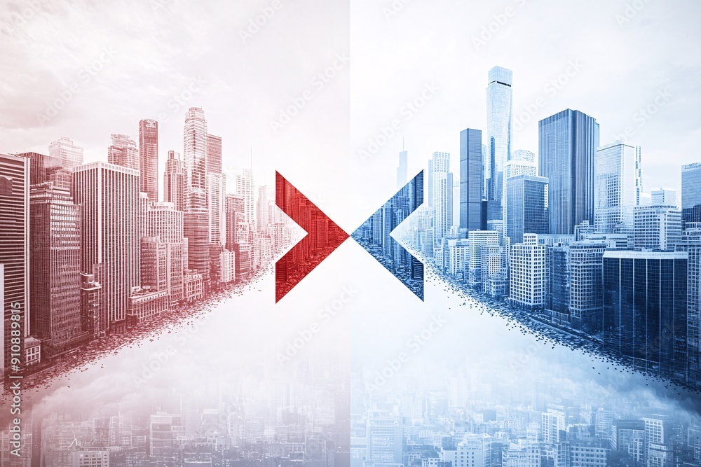 Poster a split image showing a stock market crash on one side and a political rally on the other, connected