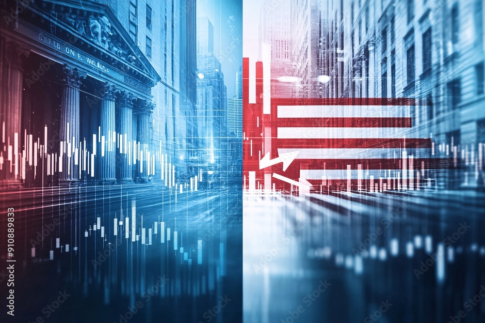 Poster a split image showing a stock market crash on one side and a political rally on the other, connected