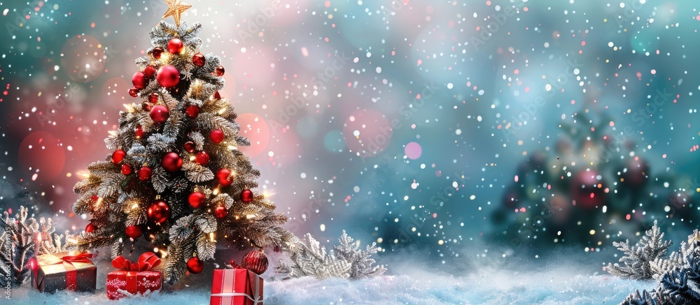 Poster a festive christmas scene with a decorated tree holiday ornaments and a snowy backdrop ideal for a c