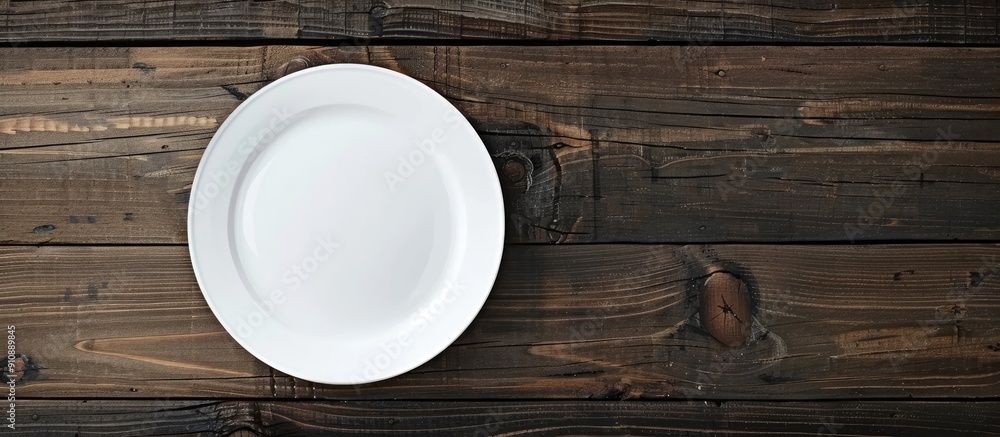 Aufkleber wooden background showcasing an empty white plate with copy space image
