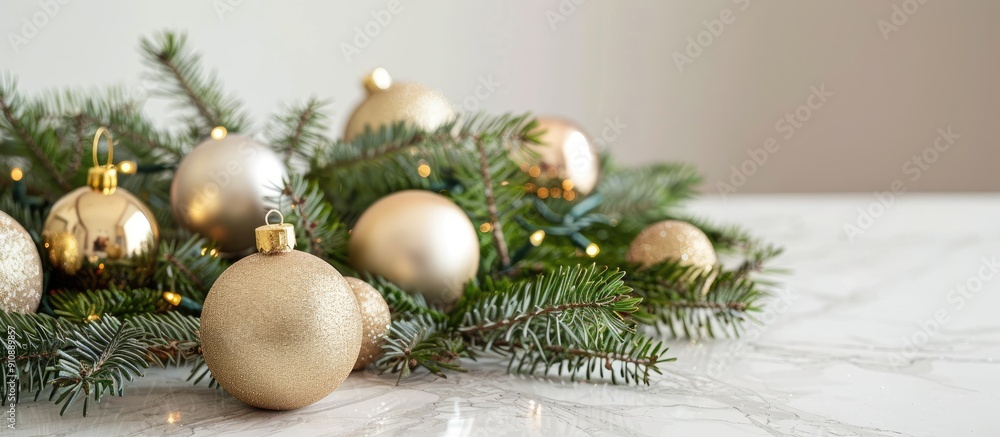 Aufkleber Festive decorations like Christmas ornaments and evergreen branches arranged on a table with a styled copy space image