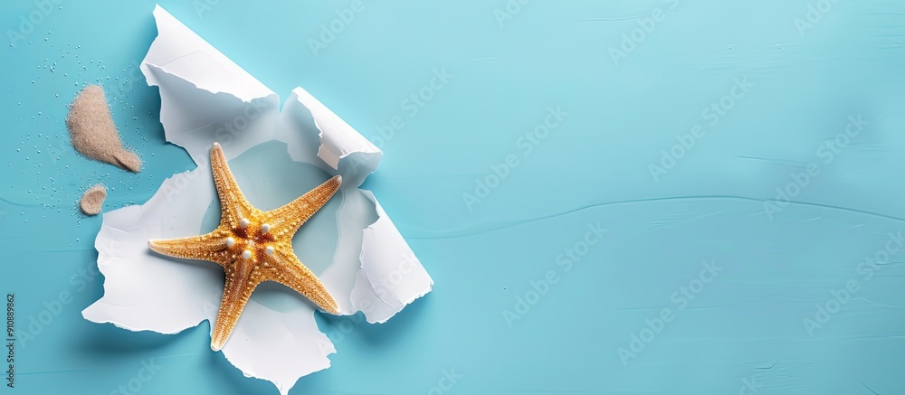 Aufkleber summer themed background with a torn hole on white paper showcasing a starfish and sea sand on a blu