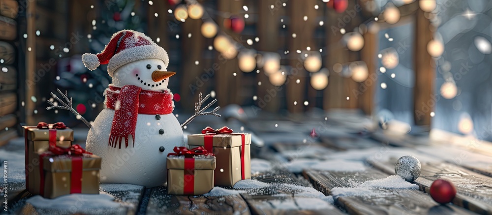 Leinwandbilder festive merry christmas setting with a charming snowman in festive attire and gift boxes on a rustic