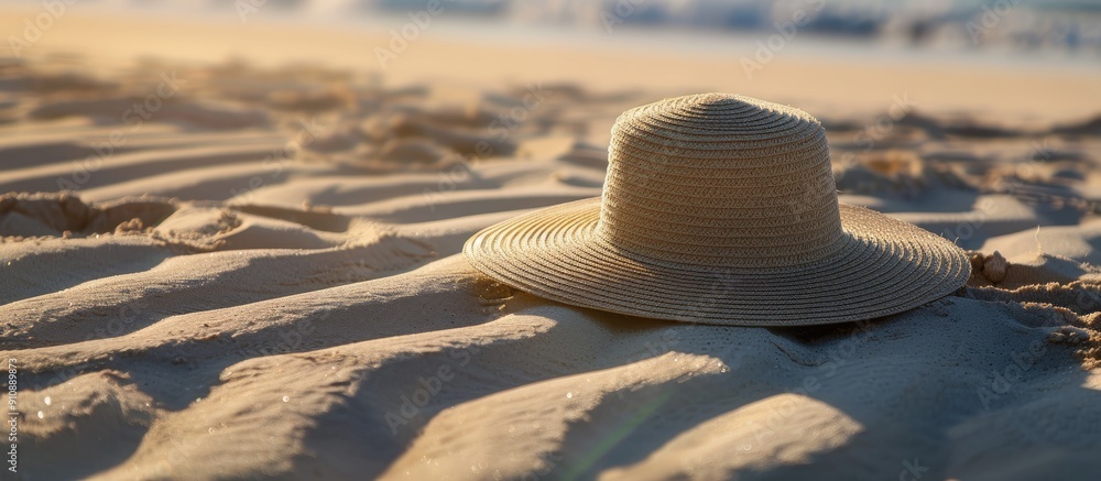 Poster elegant hat for women displayed on a sandy surface with a backdrop that offers space for inserting a