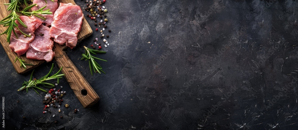 Aufkleber Raw pork with rosemary on a cutting board against a dark background in a top down view perfect for adding recipe text in the copy space image