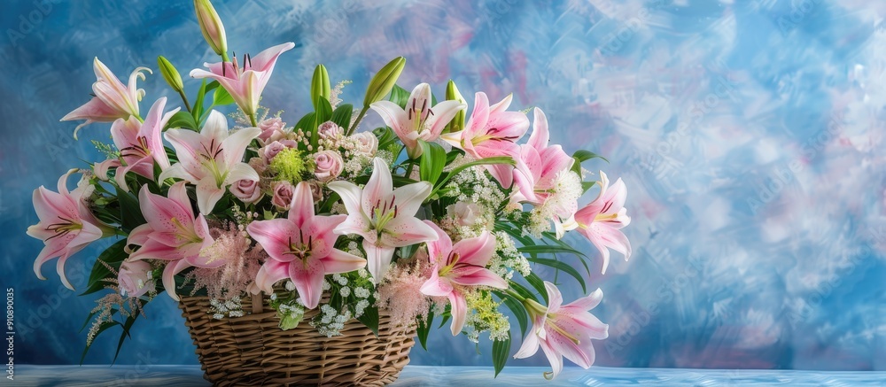 Poster a stunning arrangement of pink lilies and white roses displayed in a rustic wicker basket set agains