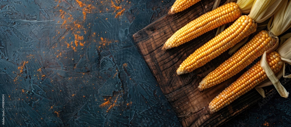 Poster elegant rustic style composition with raw baby corn on wooden board viewed from the top and side aga