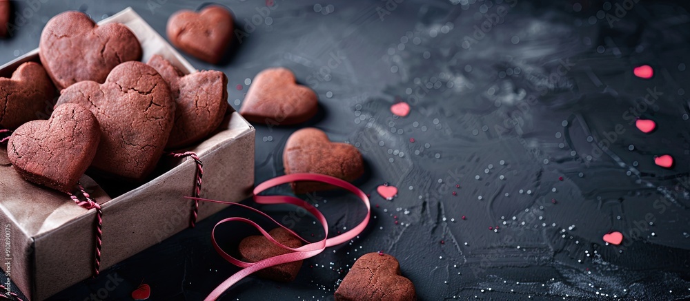 Poster heart shaped cookies presented in gift boxes on a dark backdrop with copy space image