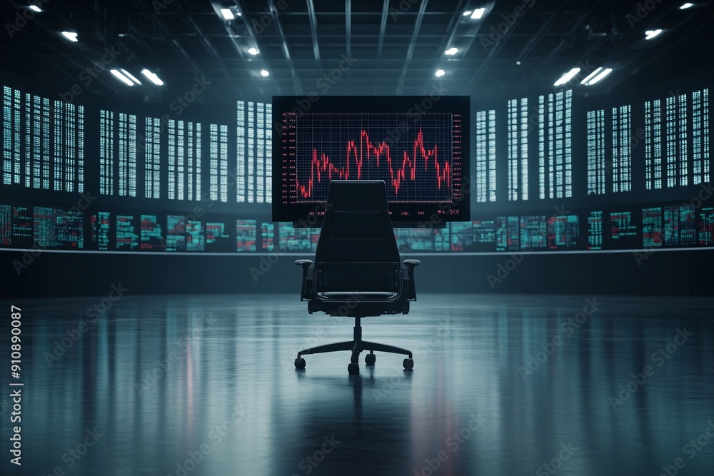 Aufkleber a cinematic editorial shot of an empty trading floor, with a single monitor displaying crashing stoc