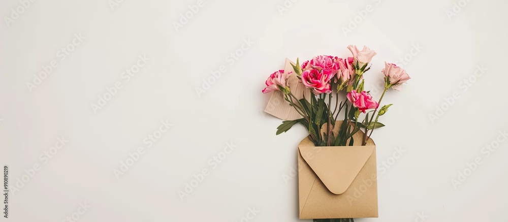 Poster top view of a small bouquet of pink flowers with an envelope on a white backdrop in a flat lay compo