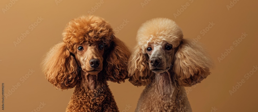 Aufkleber Two delightful poodles stand side by side in front of a brown background with copy space image