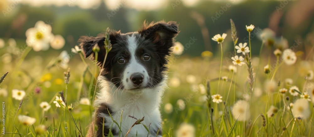 Poster A young Border collie puppy is seated within a picturesque meadow with plenty of open space for additional content in the image