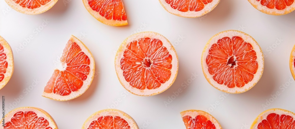 Aufkleber Top view of grapefruit halves arranged on a clean white surface with ample space for text or graphics