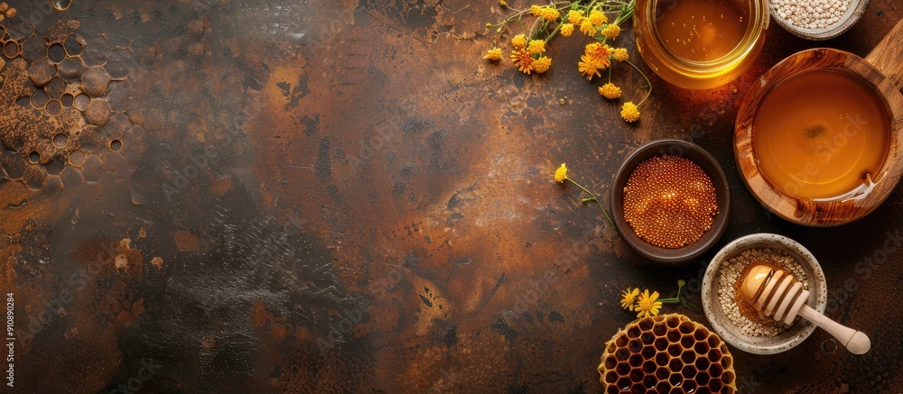 Poster Healthy ecological food concept with wooden tableware and bee products such as honey perga and honeycomb displayed on a contrasting background with copy space image