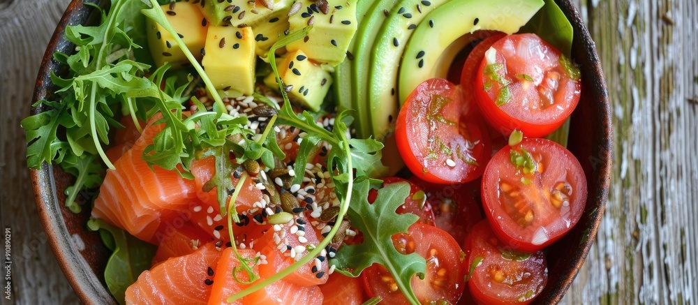 Poster top view of a salad bowl containing fresh vegetables like tomatoes avocado arugula seeds and salmon 