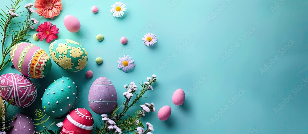 Aufkleber Flat lay view of Easter decorations creating a colorful Happy Easter holiday background with copy space image