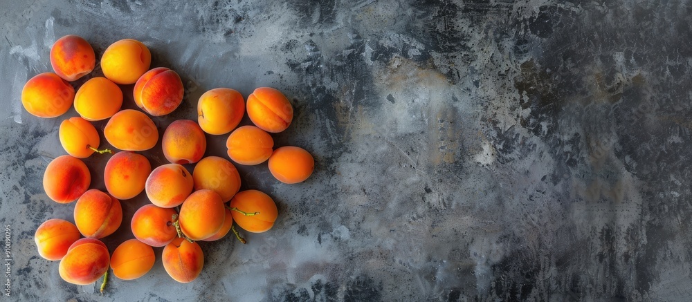 Poster Organic apricots neatly stacked on a rustic concrete table showcasing a harvest of fresh local produce Close up top view with plenty of copy space image for a clean eating concept