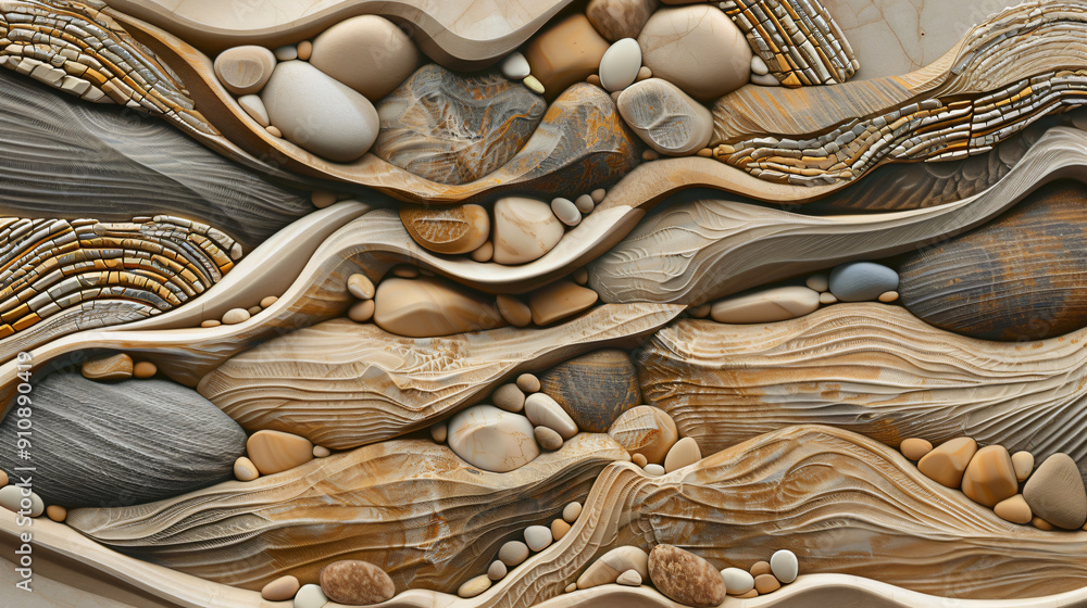 Aufkleber Pebble-filled relief carving background with a flowing pattern, highlighting an intriguing blend of textures and forms