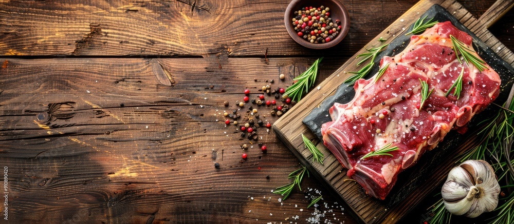 Poster wooden background with a raw pork meat piece and spice marinade suitable for cooking methods like gr