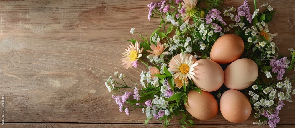 Poster easter themed arrangement of flowers and chicken eggs on a wooden background with copy space image a