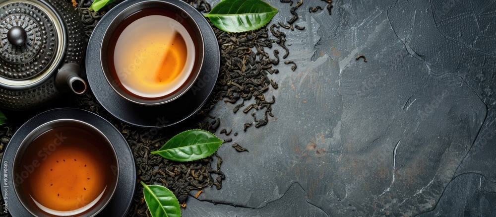 Poster Grey table with a serving of brewed Tie Guan Yin Oolong tea perfect for adding text in the copy space image