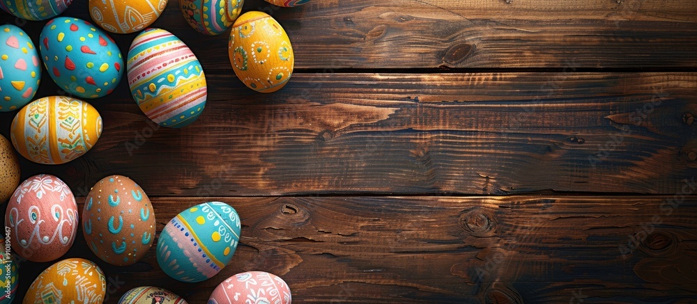 Leinwandbilder top view of easter eggs displayed on a wooden table enhancing the scene with copy space image