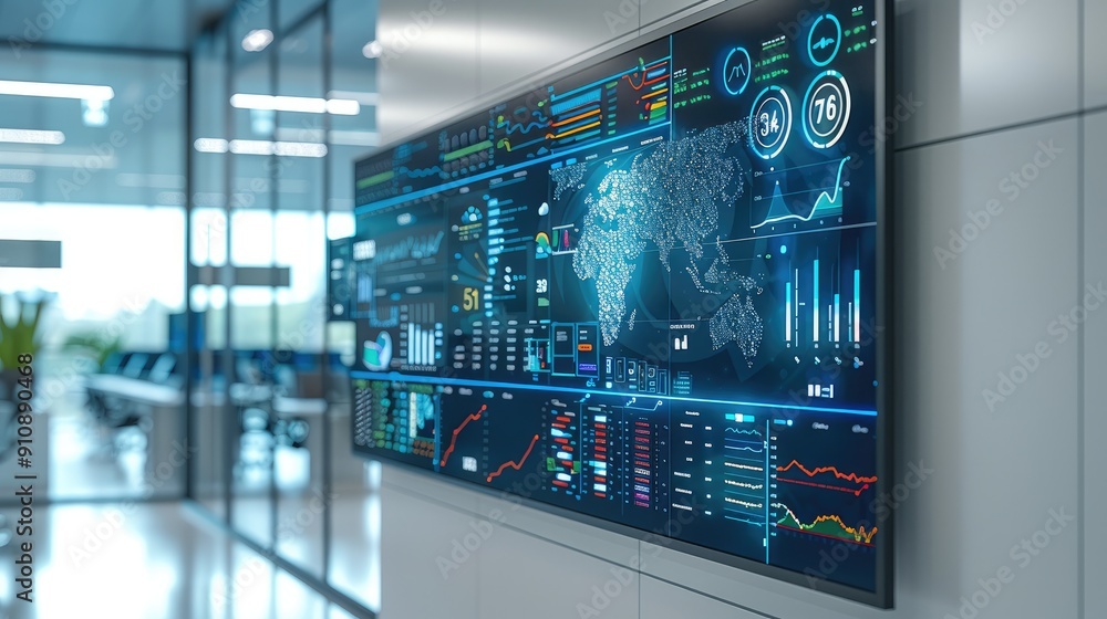 Poster A digital wall display in a high-tech office showing comprehensive health data analysis with layered visualizations and intricate details. Generative AI.
