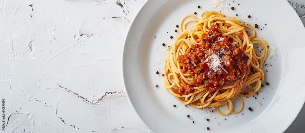 Poster Savoring spaghetti bolognese sprinkled with black pepper and salt on a white plate against a textured backdrop with ample copy space for additional elements