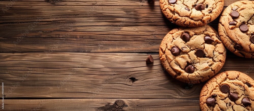 Poster freshly baked cookies placed on a wooden table with space for text or image. creative banner. copysp