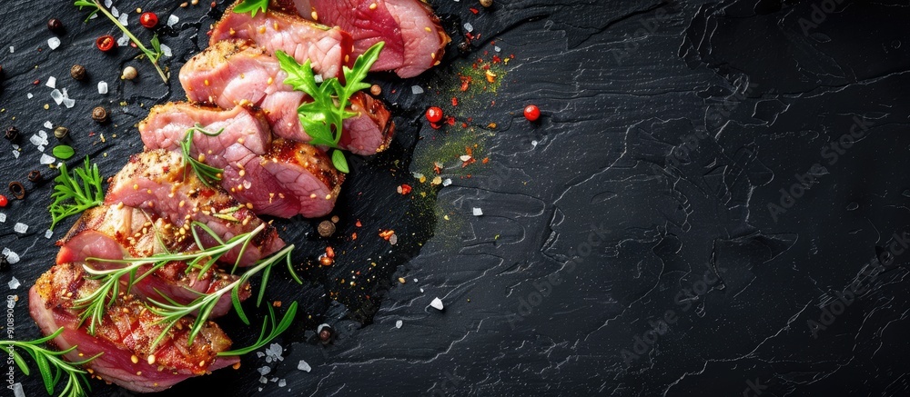 Poster slices of pork spiced with blood for a lunchtime meal preparation with a copyspace image