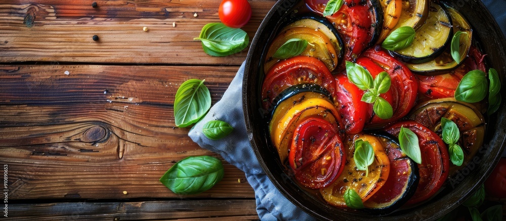 Leinwandbilder ratatouille with basil on wooden table flat lay style image with copy space