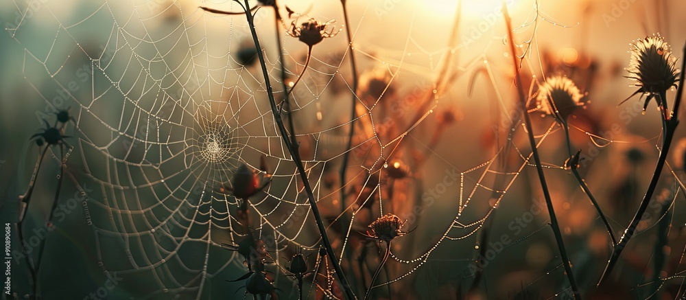 Poster vintage retro autumn abstract background featuring dry plants at sunrise with a spider web providing