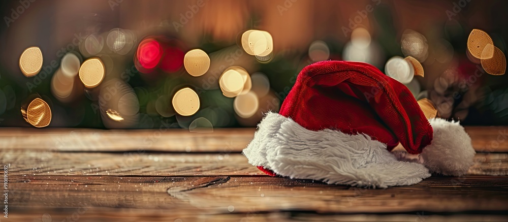 Poster santa hat on a wooden table with a christmas decoration in the background suitable for a copy space 