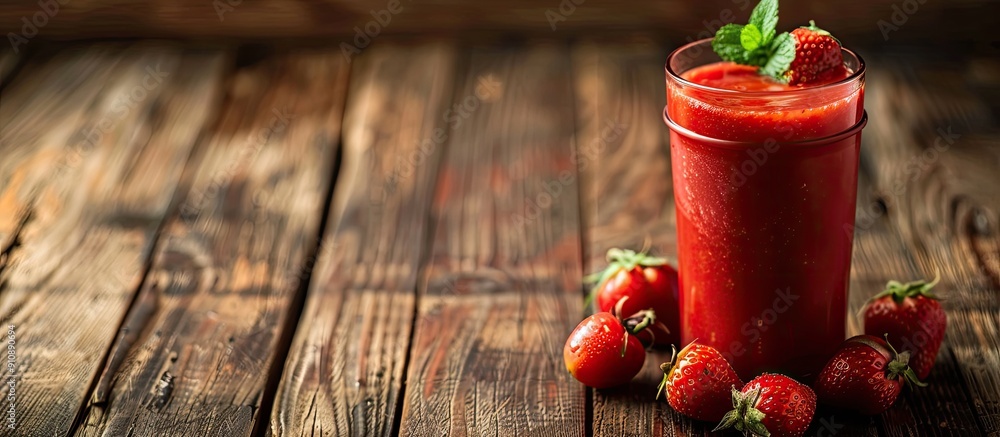 Poster tomato smoothie juice in metal container on wooden backdrop with copy space image