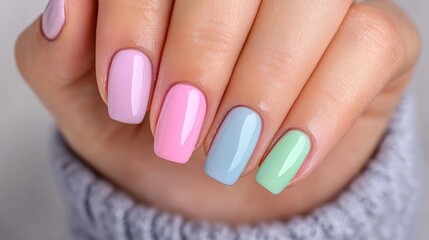 Close-up of hands with ombre nails in pastel colors, luxury manicure, stylish and trendy nail art.