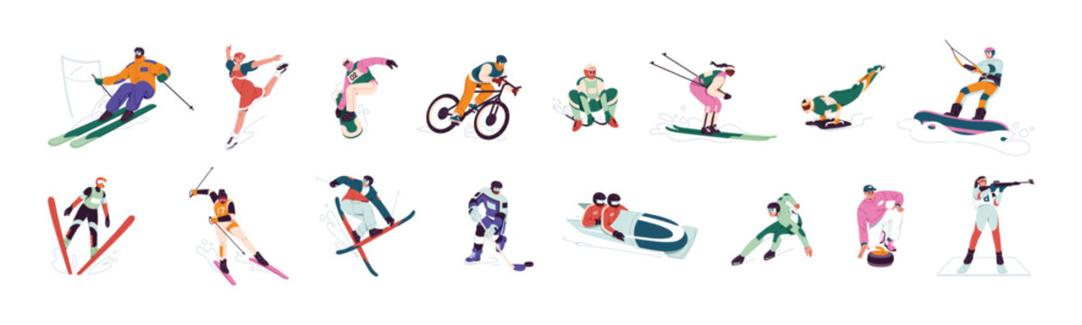 Different winter sports set. People ride on ski, snowboard. Professional athletes go bobsleigh, biathlon, skating. Sportsmen go curling, ice hockey, slalom. Flat isolated vector illustrations on white