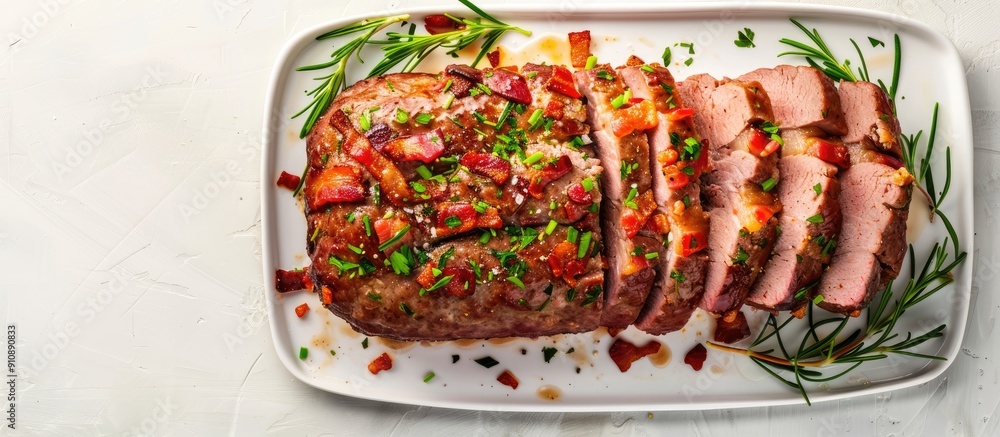 Poster Sliced roast beef meatloaf with bacon and spices on a white background in a top view Ideal for a copy space image