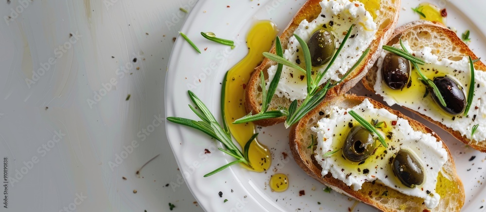 Poster rusks bread topped with goat cheese honey pollen and olives on a white plate isolated with copy spac