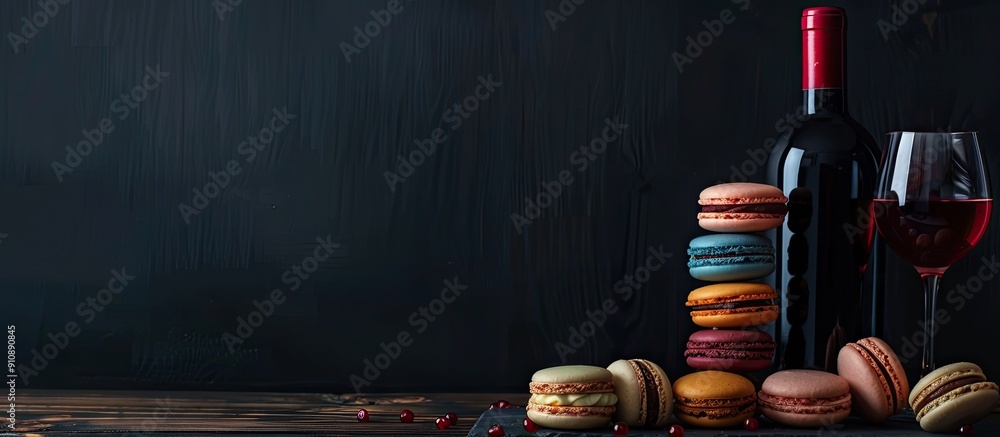 Aufkleber sweet macarons wine bottle and glasses on a dark backdrop with available copy space image