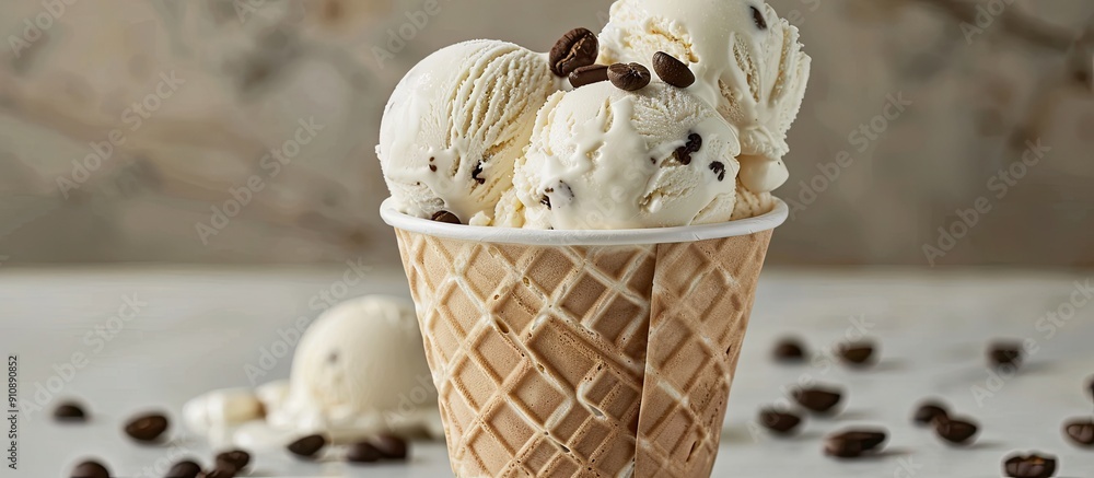 Poster waffle cup filled with vanilla and coffee ice cream with a blank space for an image. creative banner