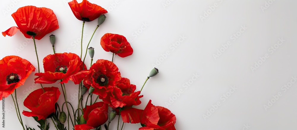 Poster a postcard with a vibrant bouquet of red poppies against a white backdrop featuring space for additi