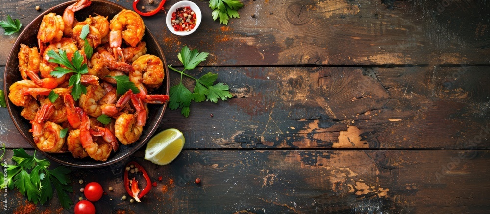 Poster a mouthwatering rustic top view with a copy space image featuring a delectable spicy fried shrimp ap