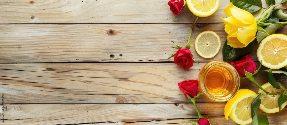Poster A refreshing beverage with roses and lemon slices on a wooden surface with a white backdrop for text Copy space image