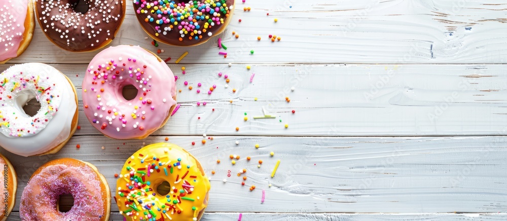 Fototapete a variety of vibrant donuts displayed on a white wooden surface with icing and sprinkles some froste