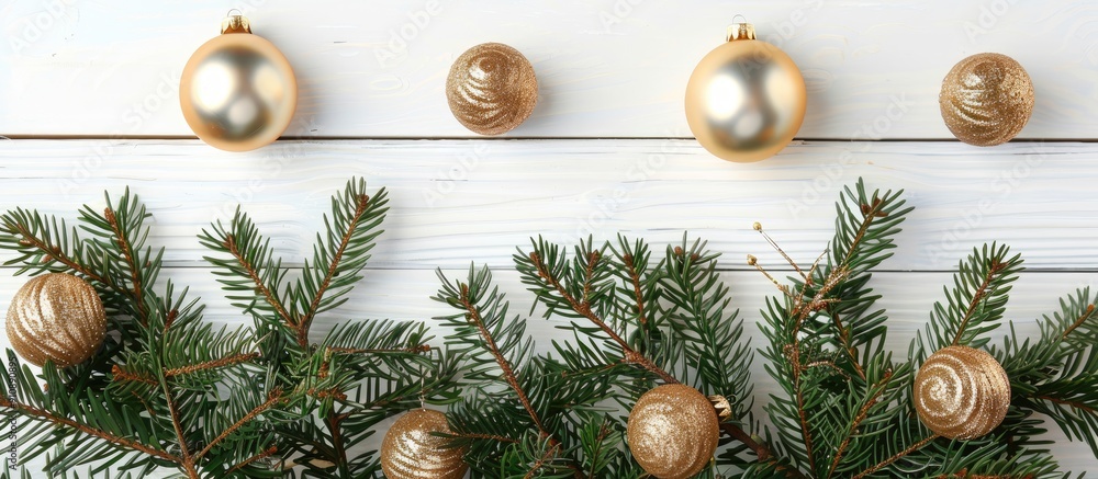 Poster gold christmas ornaments shining on lush green fir branches against a white wooden backdrop in a fla