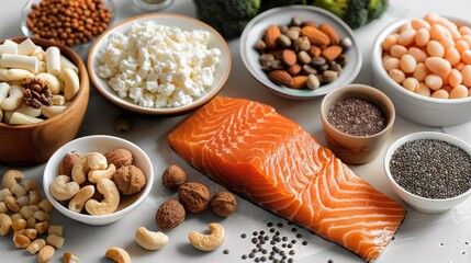 A flat lay of Zinc Selenium rich foods, clean food. clear background. top view. Generative AI.